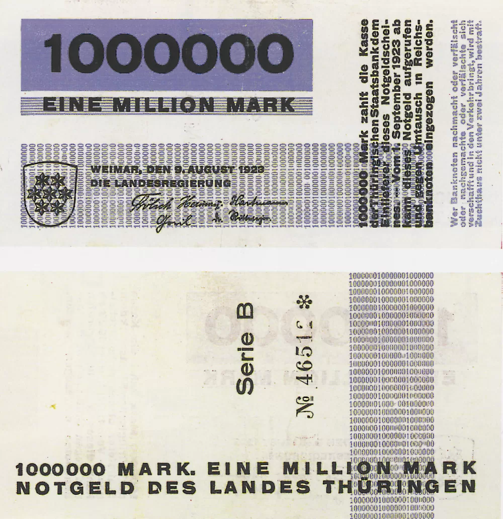 1923, Herbert Bayer, Notgeld des Landes Thüringen, Eine-Million-Mark-Scheine.