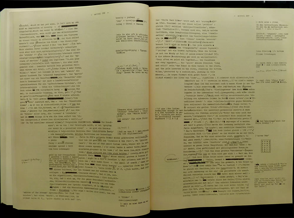 1970, Arno Schmidt, Zettels Traum, Doppelseite.