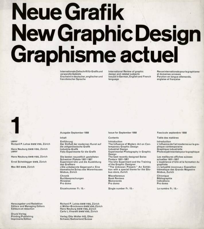 1958, Josef Müller-Brockmann, Richard Paul Lohse, Hans Neuburg und Carlo Vivarelli, «Neue Grafik». 1–18 vorhanden.