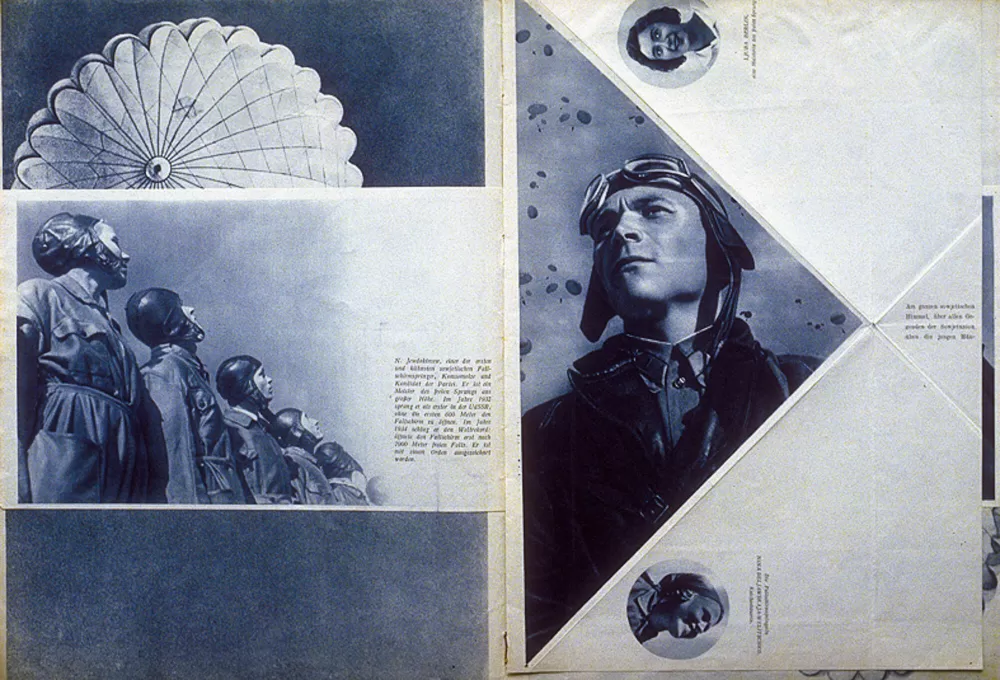 1935, Warwara Stepanowa/Alexander Michailowitsch Rodtschenko,
Fallschirmspringerausgabe «USSR im Bau 12», Aufklappdoppelseite.