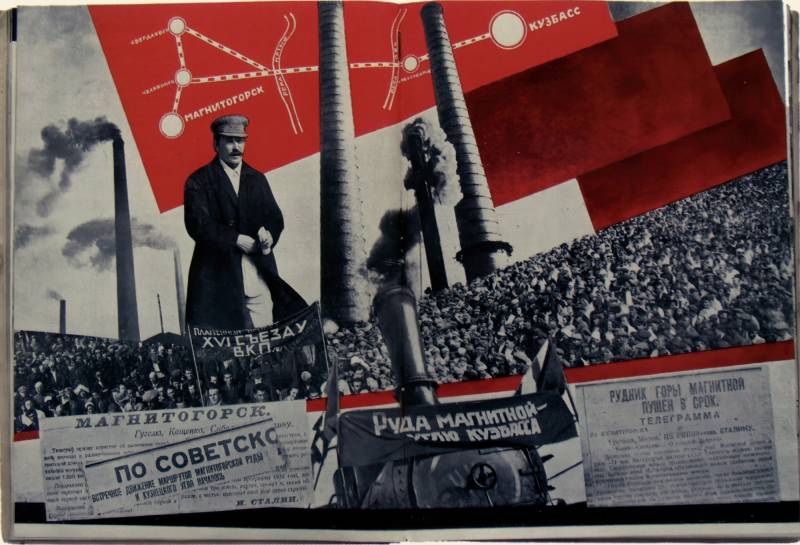 1933, El Lissitzky, UdSSR, Sozialismus Bauen, Illustrierte Doppelseite.