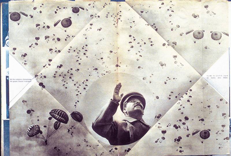 1935, Warwara Stepanowa/Alexander Michailowitsch Rodtschenko,
Fallschirmspringerausgabe «USSR im Bau 12», Aufklappdoppelseite.