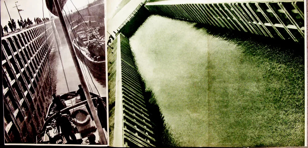 1933, Warwara Stepanowa/Alexander Michailowitsch Rodtschenko,
Der baltische Kanal, «USSR im Bau 12», Doppelseite mit Ausleger.