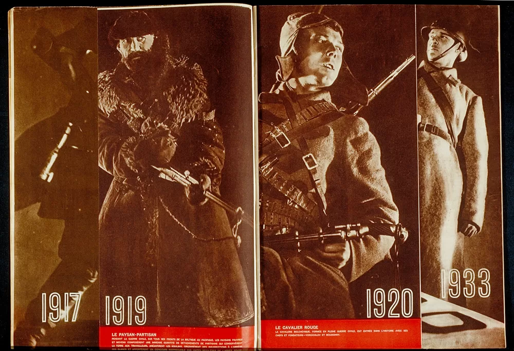 1933, El Lissitzky, «USSR im Bau», 15. Jahrestag der Roten Armee Nr. 10, Doppelseite mit Auslegern.