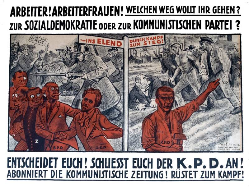 1921, Arbeiter! Arbeiterfrauen! Welchen Weg wollt ihr gehen? Zur Sozialdemokratie oder zur Kommunistischen Partei? Aufruf zum Eintritt in die KPD.