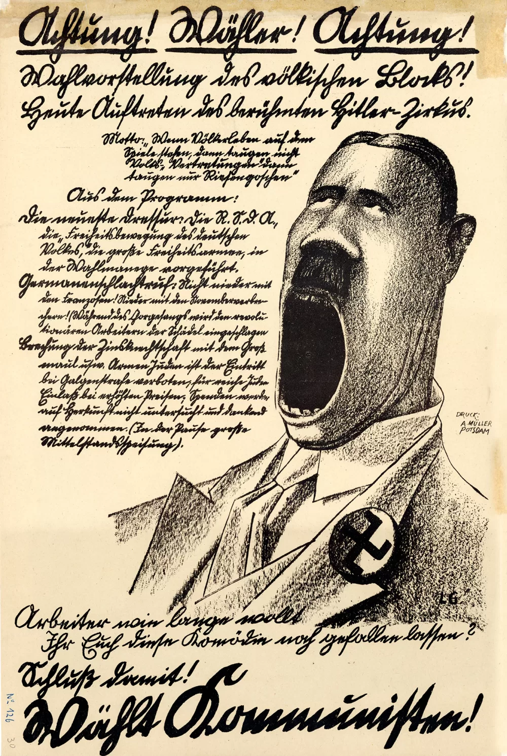 1924, KPD Potsdam, Flugblatt, Achtung! Wähler! Achtung! Wahlvorstellung des völkischen Blocks! Heute Auftreten des berühmten Hitler-Zirkus … 
Wählt Kommunisten!