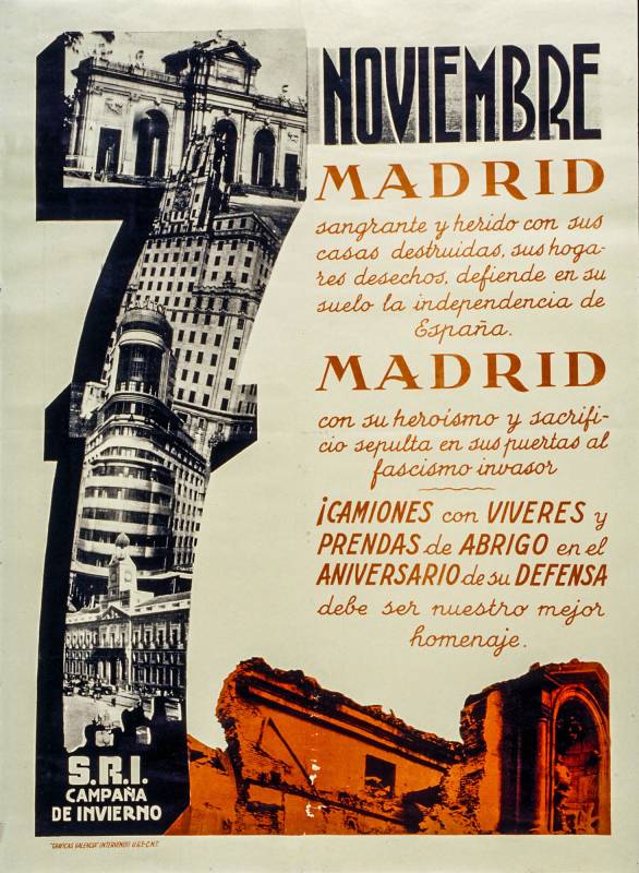1937, 7. November, Madrid, Lastwagen mit Lebensmitteln und Kleidungsstücken am Jahrestag der Verteidigung.