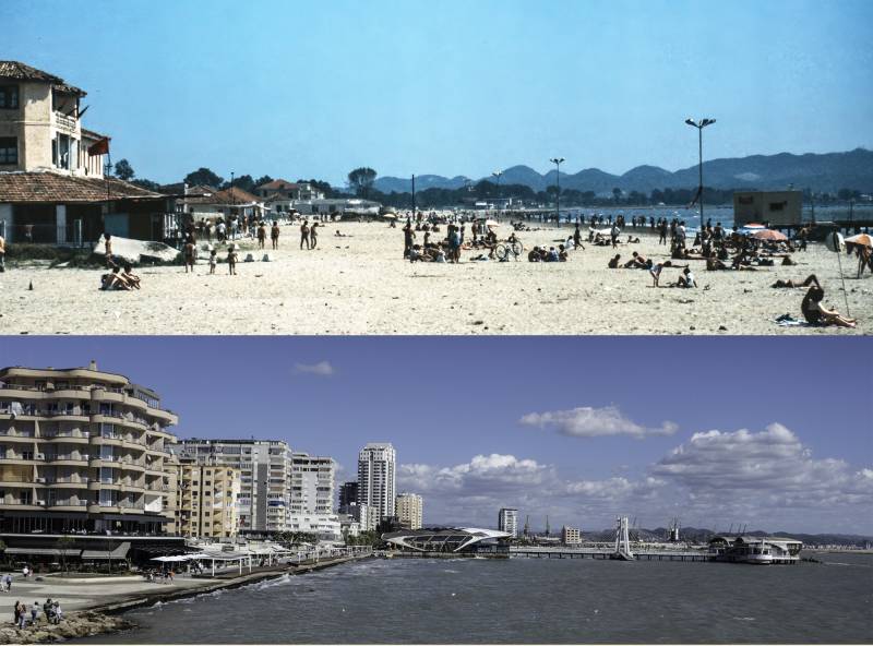 Vergleich der Strandpromenade in Durres von 1987 (oben) und 2022.
