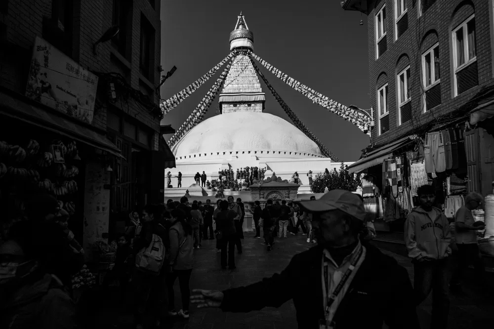 2024, Nepal, Kathmandu-Tal, Bodnath, buddhistische Stupa aus dem 8. Jahrhundert.