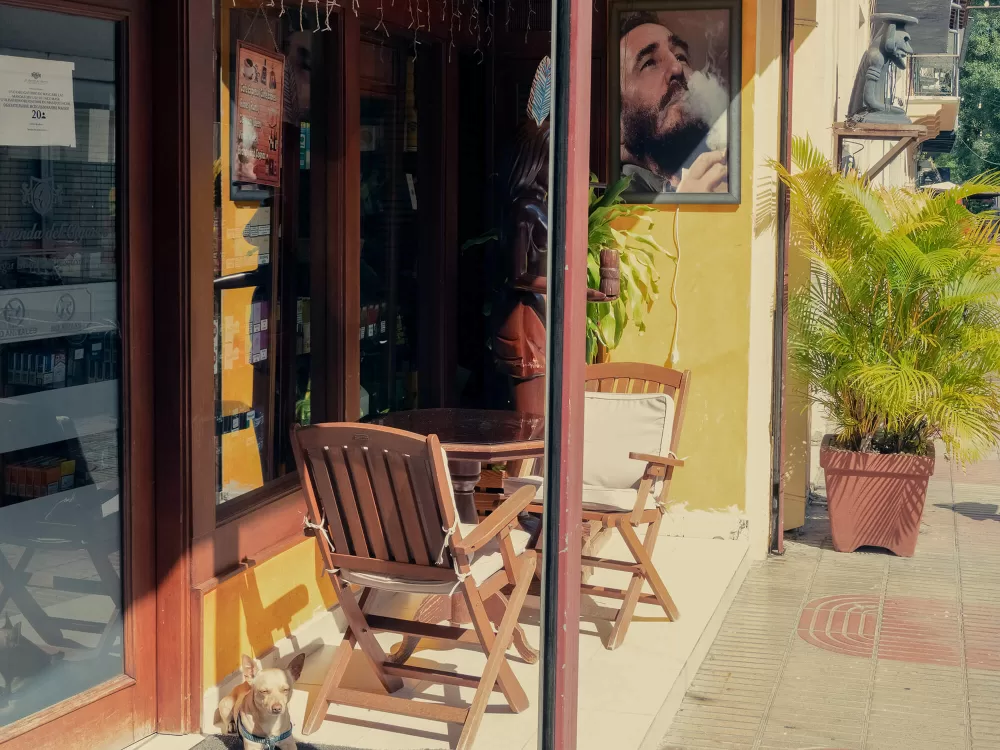 2019, Fidel-Bildnis vor einem Tabakladen.