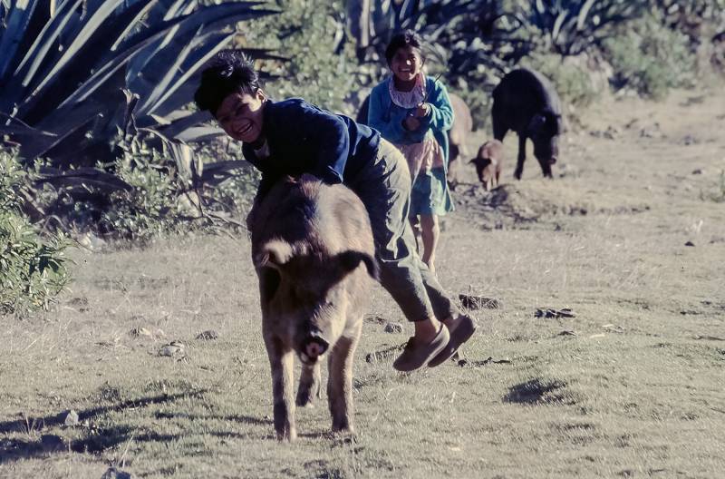 1986, Otavalo, spielende Kinder an der Lagune von San Pablo.