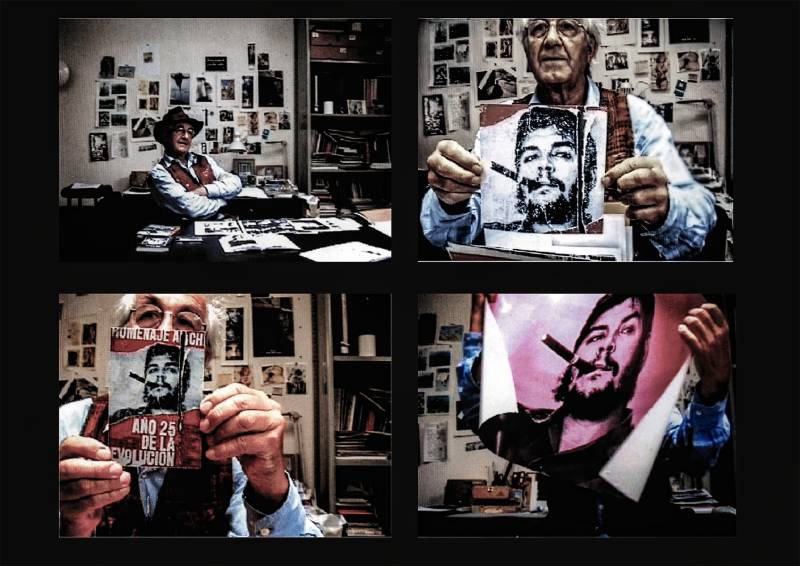 1983, René Burri mit dem Che-Plakat und seinem Foto.